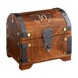 Casa Vivente Schatztruhe mit Gravur zum 30. Geburtstag, Personalisiert mit Namen, Aufbewahrungsbox aus dunklem Holz, Verpackung für Geld und Gutscheine, Geschenkidee für Männer und Frauen