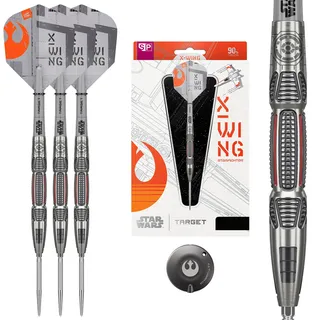 Target Darts Star Wars X-Wing-Steeldarts aus 90% Tungsten, 24 g | Silberfarbene GRD Swiss Points, Pro Grip-Schäfte, Pro Ultra-Flights No. 6 im X-Wing-Design und Swiss Point-Tool