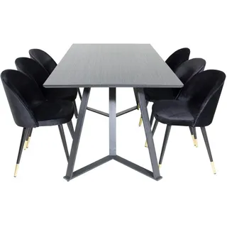 VCM Ebuy24, Essgruppe Esstisch schwarz und 6 Velvet Esszimmerstühle Velour schwarz, Messing dekor.