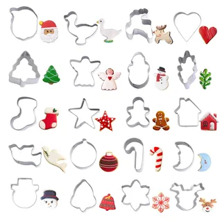 Weihnachts Ausstechformen Set, 20 Stück, Mini Weihnachts Ausstechformen, Edelstahl, Lebkuchenmann, Baum, Schneeflocke, Zuckerstange, Weihnachtsmann, Schneemann, Rentier und mehr