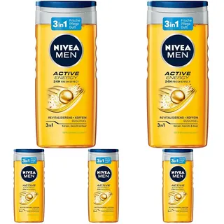 NIVEA MEN Active Energy Duschgel (250 ml), pH-hautfreundliche Pflegedusche mit 24h Frische-Effekt, Männer Duschgel mit Koffein für Körper, Gesicht und Haar (Packung mit 5)