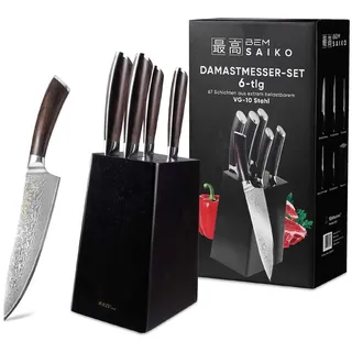 BEM Saiko Damastmesser Set 6-tlg. 67-lagiger VG-10 Damaszener Stahl Schwarz