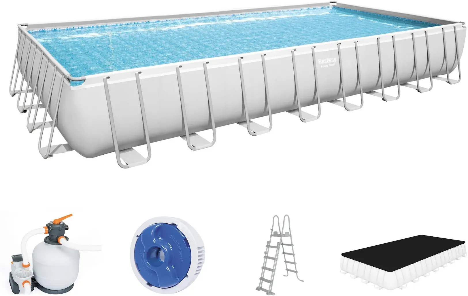 Bestway Power Steel Frame Pool Komplett-Set mit Sandfilteranlage 956 x 488 x 132 cm, lichtgrau, eckig