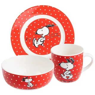 UNITED LABELS The Peanuts Frühstücksset Snoopy, Geschirr Set 3-teilig mit Punkten, in Rot Ø 19 cm, Tasse 220 ml und Schale 330 ml