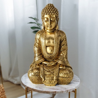 ETC Shop etc-shop Buddha Figur Wohnzimmer Dekofigur Wohndekoration Skulptur Asiatisch, Kunstharz gold, LxBxH 12x10x20 cm