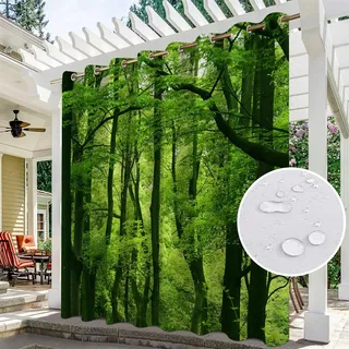 Hiseng wasserdichte Vorhänge Outdoor, Wald Muster Outdoorvorhänge Wetterfest Blickdicht Verdunkelungsvorhang mit Ösen 1 Stück Sichtschutz Sonnenschutz Vorhang für Garten (264x183cm,Grün Wald)