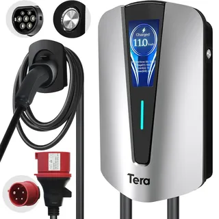 Tera EV Ladegerät typ 2 11kw Heim-Ladestation Wallbox Ladekabel Elektroauto mit Kabelhalterung Ladekabel 3-Phasig CEE Stecker 16A 400V Kabel für Elektrofahrzeuge und Plug-in-Hybrid-Autos, Q8 Silber