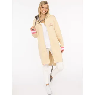 Zwillingsherz Langmantel "Wild and Happy", Damen, Gr. S/M, beige (hellbeige), angeraute Sweatware, Obermaterial: 50% Baumwolle, 50% Polyester, bequem kniefrei, ohne Ausschnitt, angesetztes Bündchen, Mäntel, mit Leo Details, Reißverschluss, Taschen und großem Stickmotiv