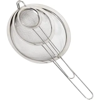 Relaxdays Küchensieb 3er Set, ∅ 7, 12 & 18 cm, mit Griff, Mehl, Puderzucker, Früchte, Haushaltssieb, Edelstahl, silber