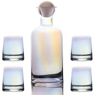 Intirilife Karaffe mit 4 Gläsern Set aus Glas mit Regenbogen Schimmer - Karaffe 1.1 Liter - Gläser 200 ml - Geschenk Set Kanne Krug mit Balldeckel für Heiße und Kalte Getränke