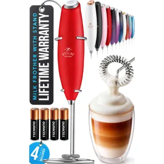 Zulay Kitchen Milchaufschäumer Elektrisch, Batterie Elektrischer Milchaufschäumer Stab, Milchschäumer für Kaffee, Milch, Shakes - Milchschäumer Aufschäumer Stab - Electric Milk Frother - Rot