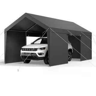 Vevor Carport, 3,05x6,09x2,87 m Autoüberdachung, Zeltgarage mit abnehmbaren Seitenwänden & Tür, Garagenzelt Autounterstand, Autoüberdachung, UV-beständig, Ganzjahresschutz für Auto & Boot, grau