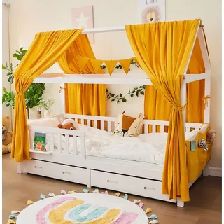 ALAVYA HOME ALAVYA HOME® Hausbett Himmel Deko Set 3-TLG – 2 Betthimmel + Wimpelkette, GOTS Bio-Musselin Baumwolle, Traumhimmel Kinderzimmer Lieblingsplatz, 125x350cm, Senfgelb