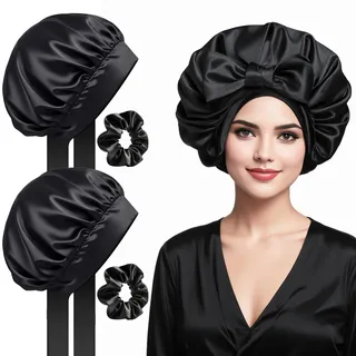 2 Stück Seidenhaube zum Schlafen mit Haargummis, Schlafmütze Satin Haarhaube Schwarz Duschhauben Seide Lockenhaube, Bonnet Seide zum Schlafen