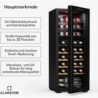 Klarstein Bovella 36 Duo+ Weinkühlschrank – 36 Flaschen, 2 Zonen, 5–18°C, Touch-Bedienung, LED-Beleuchtung, UV-Schutz, freistehend, Weinklimaschrank