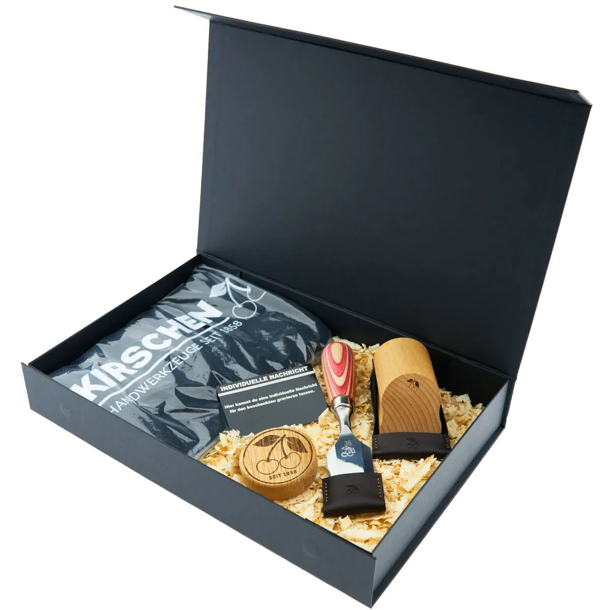 KIRSCHEN Geschenkbox W.I.N.A.C. Kurzbeitel mit Gravur & Handhobel inkl. T-Shirt L & Goodies | Exklusives Geschenk für Holzwerker