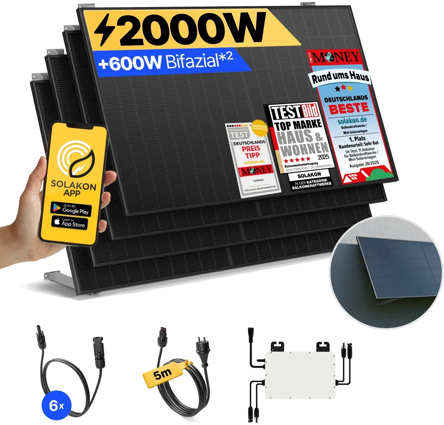 onPower: 2000 Watt Balkonkraftwerk - Wand/Fassade / ohne Speicher / 5m