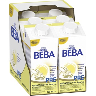 BEBA PRE Anfangsmilch trinkfertig, von Geburt an, Babynahrung mit DHA, nur Laktose, ohne Palmöl, 6er Pack (6 x 200ml)