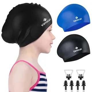 Vanocat 2 Pack Badekappe Kinder Lange/Kurze Haare, Unisex Badekappe Mädchen Jungen für Alter von 3–15 Jahren Kleinkind wasserdichte, Bademütze schwimmkappe mit Ohrstöpseln Nasenclip-Schwarz+Blau