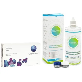 Biofinity Toric (3 Linsen) + Solunate Multi-Purpose 400 ml mit Behälter PWR:-1.75, BC:8.7, DIA:14.5, CYL:-0.75, AXIS:110
