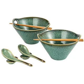 LuxusKollektion Salatbesteck Ramen Schüssel Keramik Set 2 Essstäbchen Löffel 780ml glänzend Grün