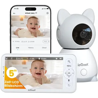 ieGeek 2K-Babyphone mit Kamera und Nachtsicht, 5-Zoll-WLAN-Video-Babyfon, Gegensprechfunktion, Schrei-/Bewegungserkennung, Temperaturerkennung, PTZ, Mobile App
