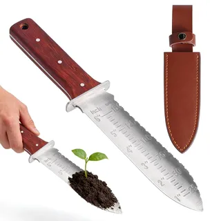 INQUIRLLY Hori Hori Gartenmesser, Mehrzweck-Gartenmesseraus Edelstahl mit Einer dicken Lederscheide ideales Gartengerät zum Jäten, Graben, Schneiden, Pflanzen, Landschaftsbau und mehr