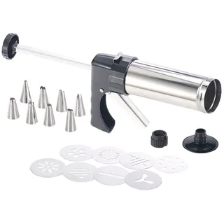 Rosenstein & Söhne Backspritze: Edelstahl-Gebäckpresse & -Garnierspritze mit 8 Schablonen und 8 Tüllen (Kekspresse, Gebäckspritze Edelstahl, Spritzbeutel)