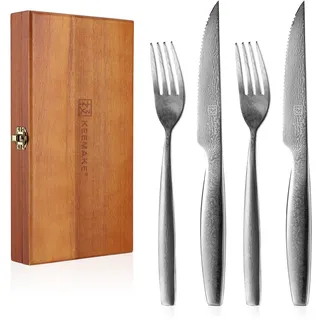 KEEMAKE Steakbesteck-Set 4-teilig, Damast-Steakmesser mit gezahnter Kante und Steakgabel, aus japanischem VG-10 Stahlkern und 67-lagigem Damaststahl, Besteck mit edler Holz-Geschenkbox, rostfrei
