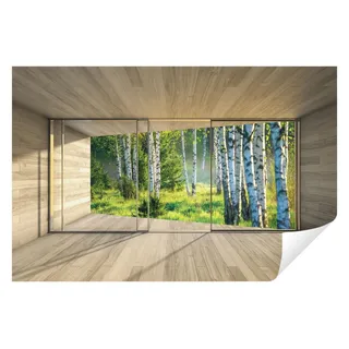 Wallarena Fototapete 3D EFFEKT Wald Terrasse Birke Baum Fenster Wohnzimmer Schlafzimmer, Glatt, 3D-Optik, Tapete inklusive Kleister Vliestapete Motivtapete 2.54 m x 1.84 m