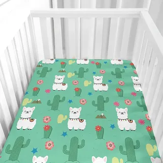 Odot Spannbettlaken für Kinderbett, Alpaka Drucken Kinderwagen Matratzenbezug, Weiche Babybett Spannbetttuch Stubenwagen Bezug, Beistellbett Spannbettlaken (Grün,65x95 cm)