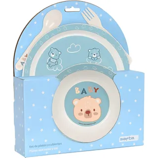Safta - Teller- und Besteck-Set, Paket, Teller, Besteck, Baby, Einweihung, Essen, bequem und vielseitig, 22,5 x 5,5 x 26 cm, Pastellblau, Pastellblau, Estándar, lässig