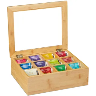 Relaxdays Teebox, Bambus, 12 Fächer, Teekiste mit Sichtfenster, Organizer für Teebeutel, HxBxT: ca. 9x28x23 cm, natur, 10032112,