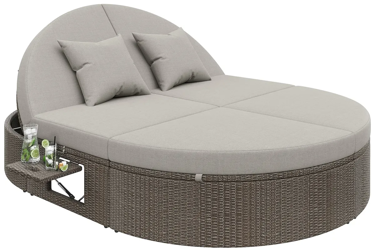 Merax Rattan Sonneninsel 2 Personen, Outdoor Daybed mit verstellbarer Rückenlehne & Seitenablage, Garten Doppel-Liege, Grau