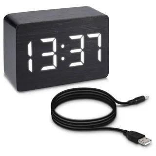 kwmobile Wecker Uhr in Holzoptik digital - Digitalwecker Anzeige von Uhrzeit Temperatur Datum - Alarm Clock mit USB Kabel in Schwarz mit weißen LEDs