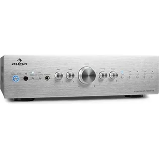 Auna Verstärker, HiFi Stereo Mini Verstärker, HiFi-Verstärker mit Bass & Treble Regler, 2 Kanal Audio-Verstärker, Stereo-Verstärker Lautsprech... - Silber