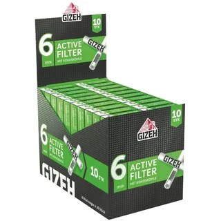 GIZEH BLACK Active Filter 6 mm – Slim-Format Aktivkohlefilter im praktischen 10er-Pack – Gizeh Filter mit Aktivkohle aus Kokosschale – 20 Packungen á 10 Filter