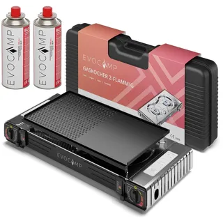 evocamp Gaskocher 2-flammig mit Piezozündung mit 2 Gaskartuschen MSF-1a