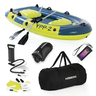 Hoberg Schlauchboot 2-Sitzer YPP-2" | Für 2 Personen | Maße 235 x 126 cm & bis 265 kg belastbar | Mit 2 Sitzbänken, 2 Paddeln, Pumpe, Reparatur-Kit, 2 Angelhalterungen & weiterem Zubehör [Blau/Gelb]