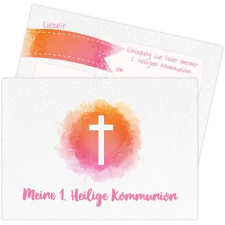 Papierdrachen 12 Einladungskarten zur Kommunion - Motiv Kreuz rosa - Einladung zur Heiligen Kommunion für Mädchen und Jungen - DIN A6 - Set 6