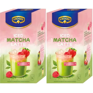 KRÜGER Iced Matcha Latte Strawberry & Raspberry Instant Pulver 160g (8x 20g Sachets), mit Grünteepulver (Packung mit 2)