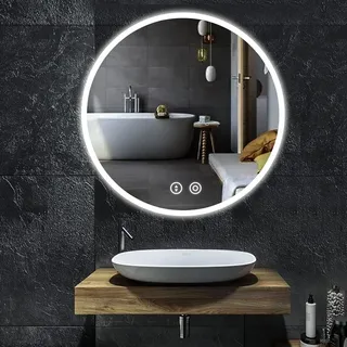 YOLEO runder Badezimmerspiegel Wandspiegel mit Touchschalter und explosionssicherem Glas, 3 Lichtfarben dimmbar, 6500 K