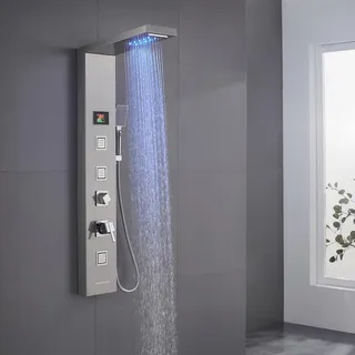 KINKIBOS LED Duschpaneel mit Armatur, 5 Funktionen Duschpaneel mit LED Temperaturanzeige, Regen&Wasserfall Dusche, 3 Massagedüsen, Handbrause und Wanneneinlauf, Duschsäule aus Edelstahl 304, Gebürstet