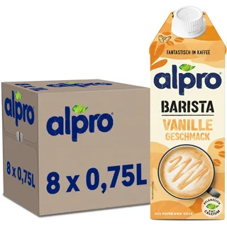 Alpro Barista Vanille – Zum Aufschäumen – Von Natur aus laktosefrei – Reich an Ballaststoffen, Calcium und Vitaminen – 8 x 750 ml – Haltbar