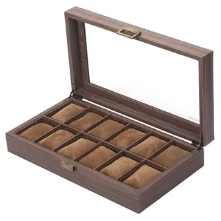 BTTO Uhrenbox Uhrenkasten 6/10/12 Fächern, Glasdeckel, Geschenkidee, Holzfarbe 12 Fächern - 39 X 21.8 X 8.2 cm