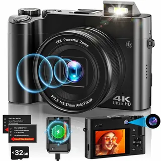 4K Digitalkamera Fotokamera, 64MP Autofokus Vlogging Kamera mit 32G Karte, 2.8'' IPS Bildschirm Kamera 16X Digitalzoom, Kompaktkamera mit Ladegerät & 2 Batterien für Jugendliche Anfänger Erwachsene