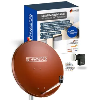 SCHWAIGER Satellitenschüssel Komplettset - Ø 80 cm Stahl Offset Antenne in Rot - Inkl. sonnengeschütztes Quad LNB 4-Fach - Digital HD & 4K Empfang - Integrierte Kabelführung & wetterfest