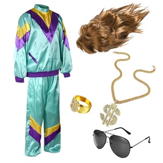 kostümheld® 6 in 1 Vokuhila Set 80er Outfit Kostüm mit Unisex Trainingsanzug, Assi Perücke, Goldkette, Brille - für Fasching & Karneval Verkleidung