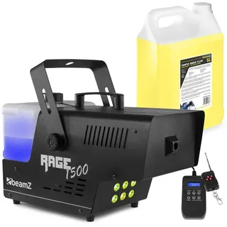 BeamZ RAGE1500LED Nebelmaschine mit Flüssigkeit, 1500 Watt Fogger inkl. 5L Nebelfluid, DMX Rauchmaschine mit Lichteffekt, Intervall Timer Fog Machine, Funkfernbedienung, 3,5 Liter Tank, Partyrauch