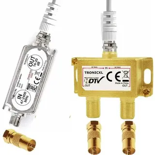 2-Fach Antennenverteiler Splitter mit Sat Verstärker digital HD Satellit TV